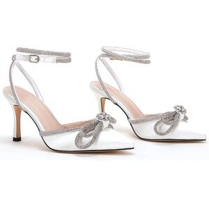 Women's Bow Pointed Toe Ankle Strap Crystal Heels